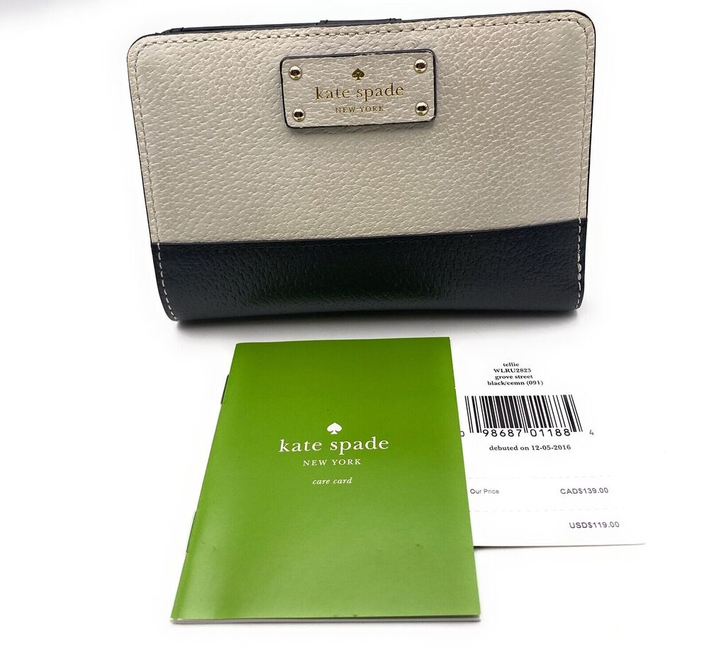 KATE SPADE Grove Street Tellie Compact Bifold Wallet Black Cream NIB